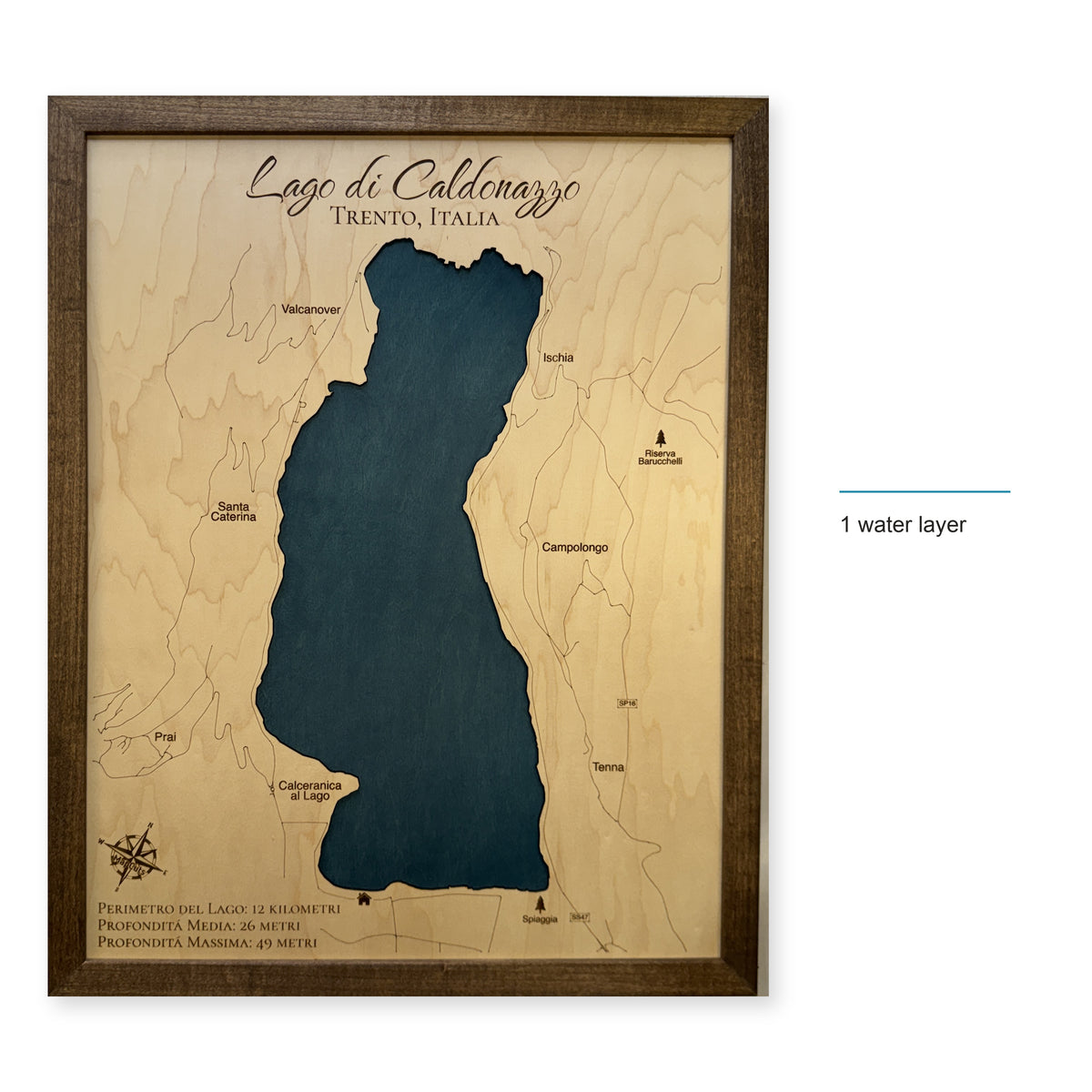 Lago di Caldonazzo, Trento, Italy Wood Map — style-labeled photo [MC20261006 q2937 ed1868d8a542]