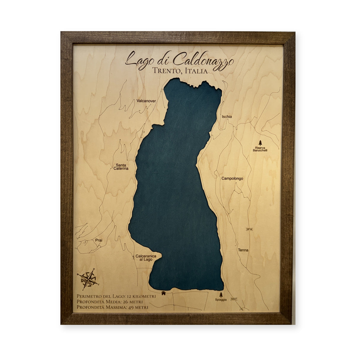 Lago di Caldonazzo, Trento, Italy Wood Map — plain-background photo [MC20261006 q2937 f60bd51c5156]