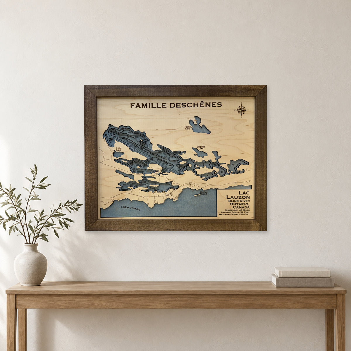 Lac Lauzon, Blind River, Ontario Wood Map — room mockup [MC20261006 q2945 7546d8fb3c54]