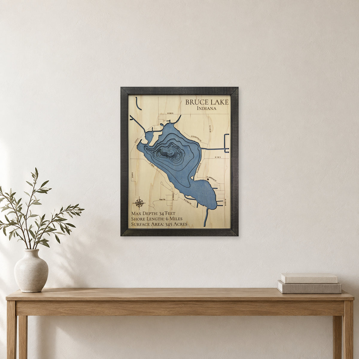 Bruce Lake, Indiana Wood Map — room mockup [MC20261006 q2967 2870d9ca9301]