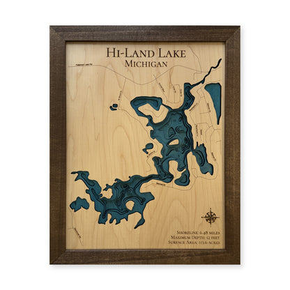 Hi-Land Lake, Michigan Wood Map — plain-background photo [MC20261006 q2992 3ed8b3288dfa]