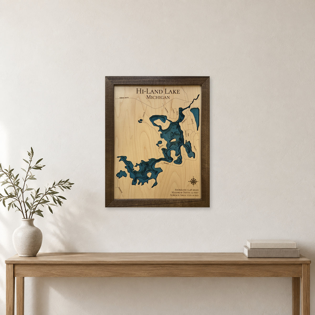Hi-Land Lake, Michigan Wood Map — room mockup [MC20261006 q2992 83ac2ae0f3bc]