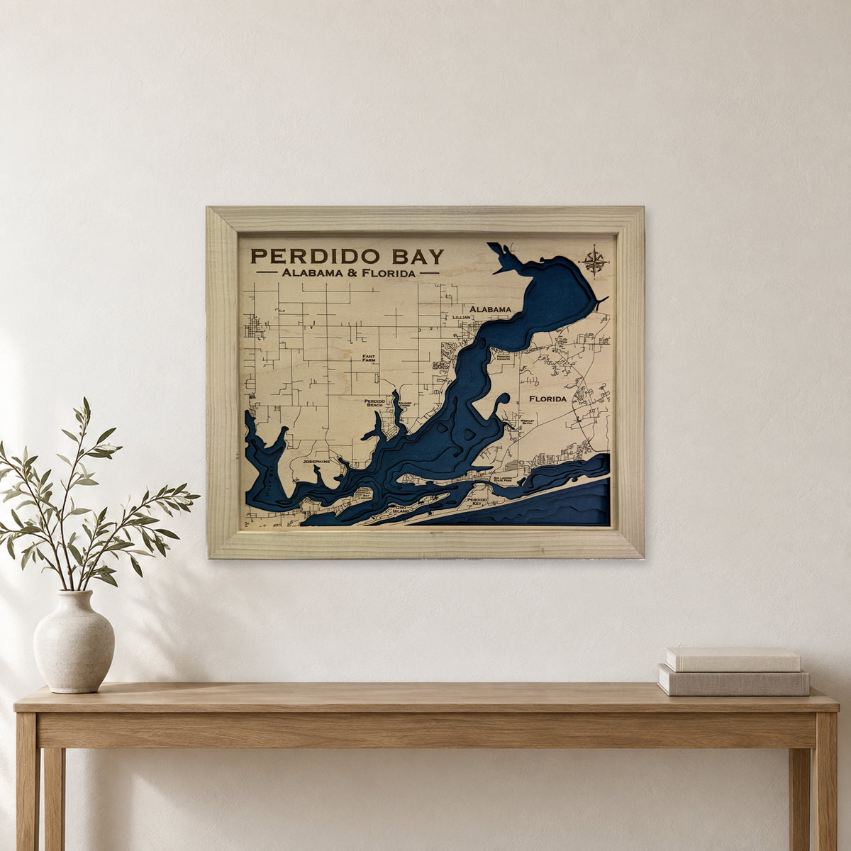 Perdido Bay, Alabama and Florida Wood Map — room mockup [MC20261006 q2998 0dd04381744c]