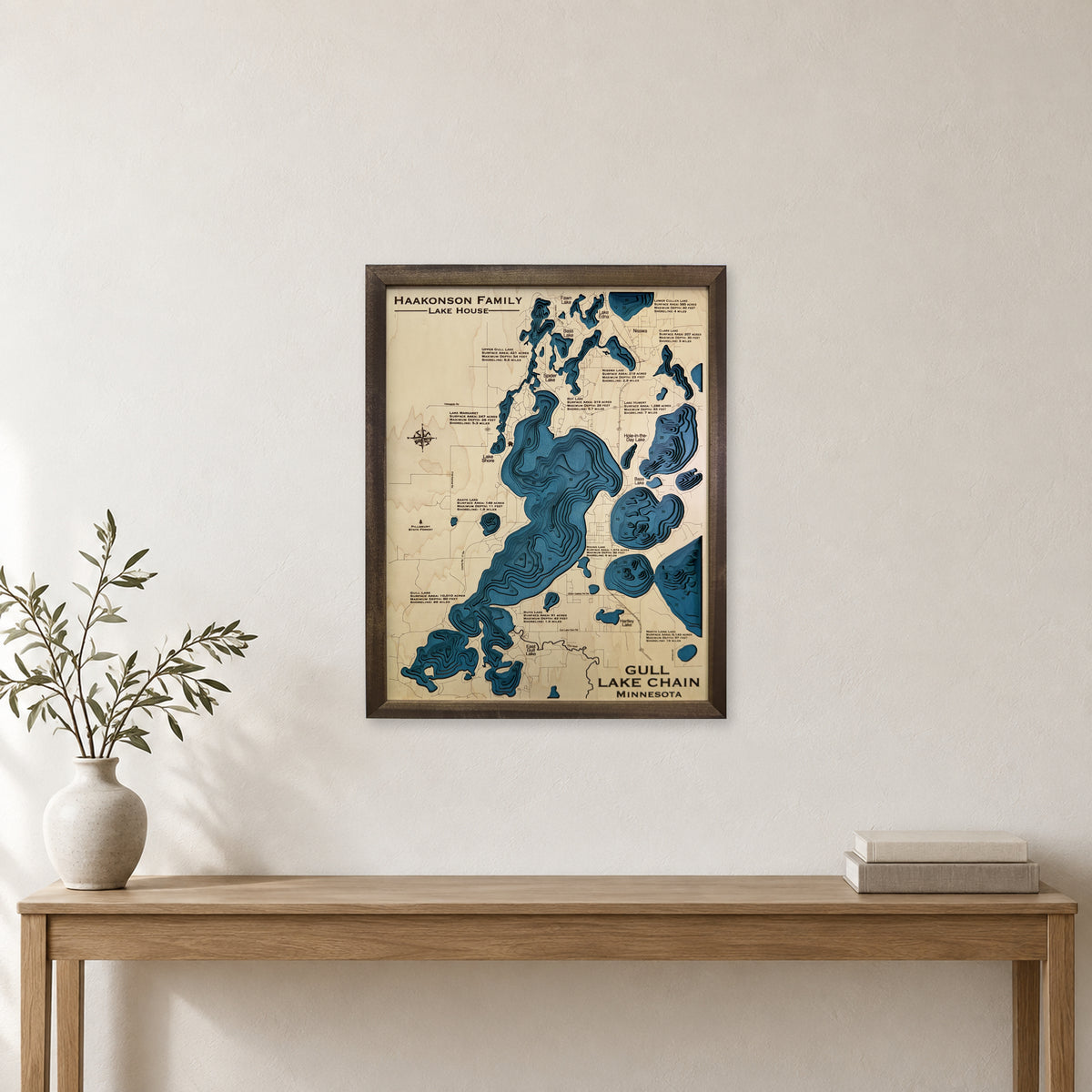 Gull Lake Chain Minnesota Haakonson Family Multilayer Wood Map — room mockup [MC20261006 q3004 7056787e2d2e]