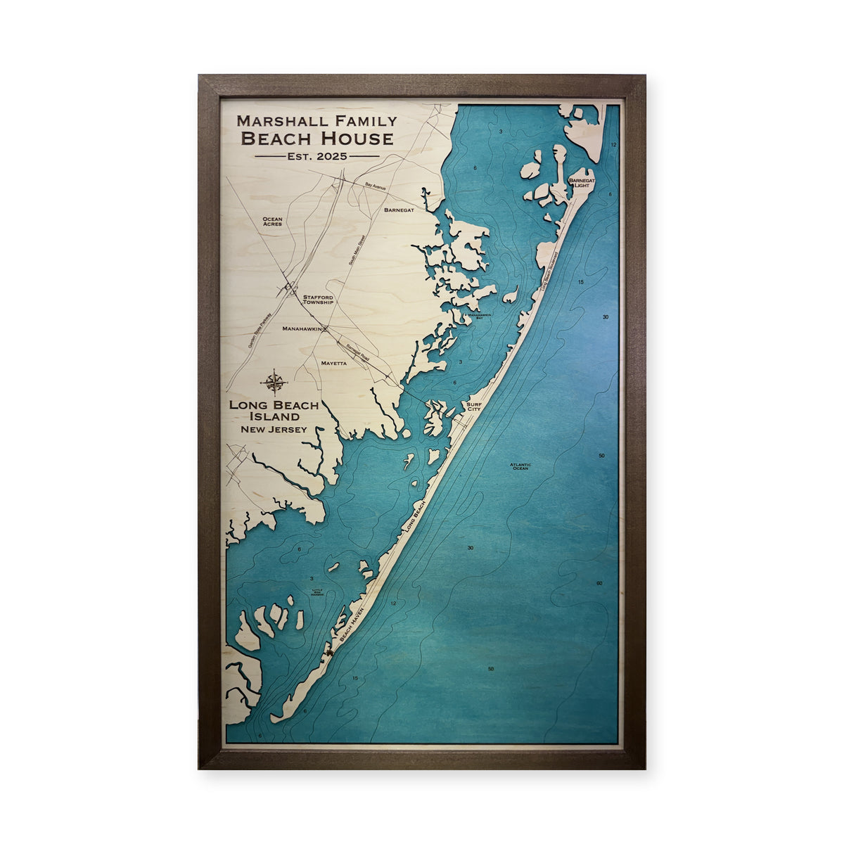 Long Beach Island New Jersey Marshall Family Wood Map — 1 water layer with engraved contours main photo [MC20261006 q3021 c2354653c94b]