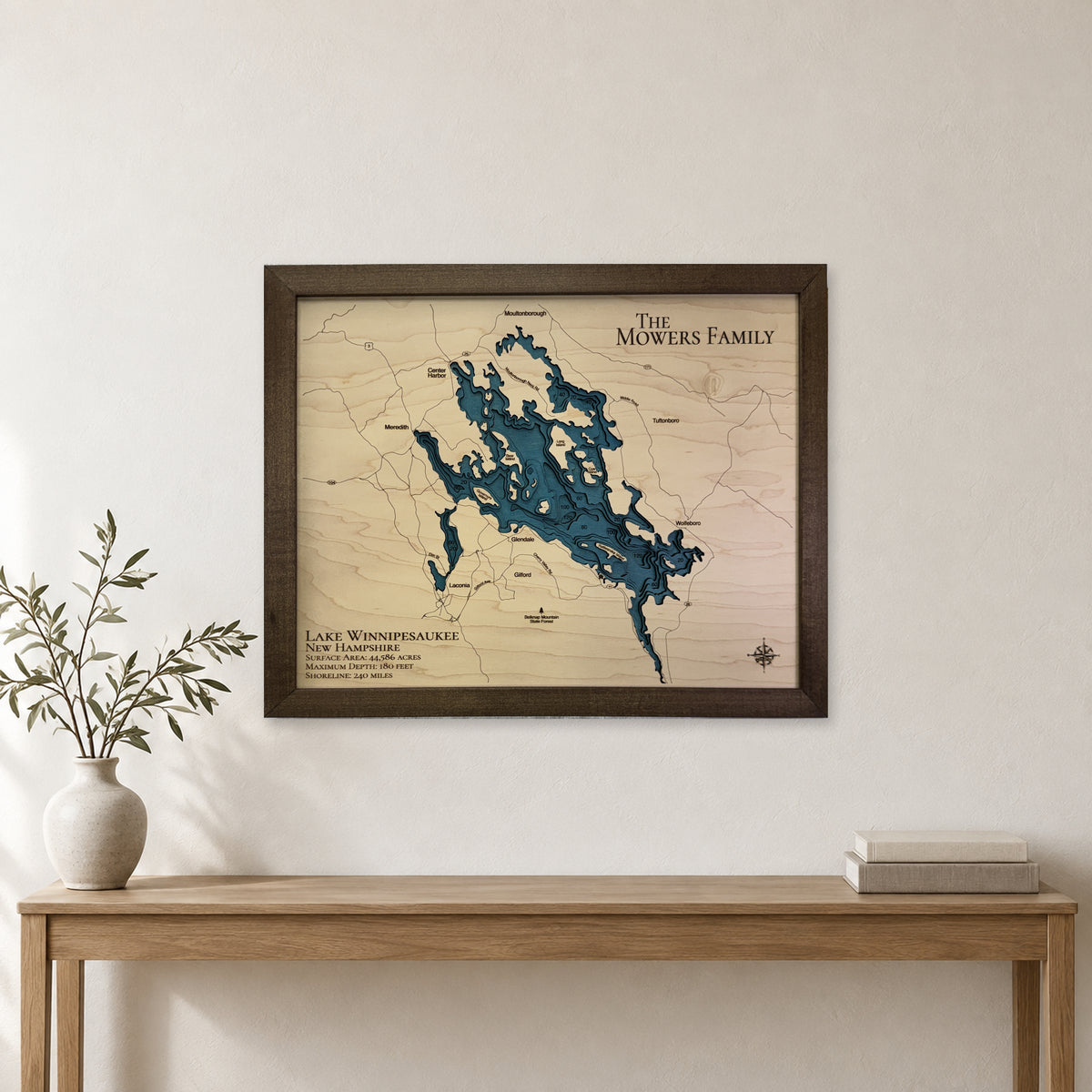 Lake Winnipesaukee New Hampshire Mowers Family Multilayer Wood Map — room mockup [MC20261006 q3032 6d54f30dcd35]