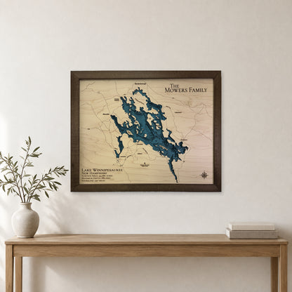 Lake Winnipesaukee New Hampshire Mowers Family Multilayer Wood Map — room mockup [MC20261006 q3032 6d54f30dcd35]