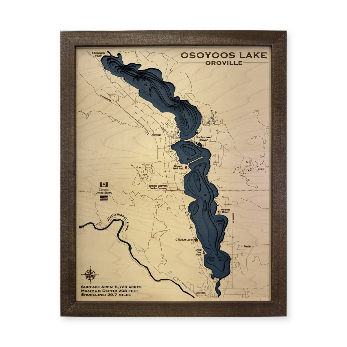 Osoyoos Lake, British Columbia and Washington Wood Map — plain-background photo [MC20261006 q3038 8200a23cabf0]