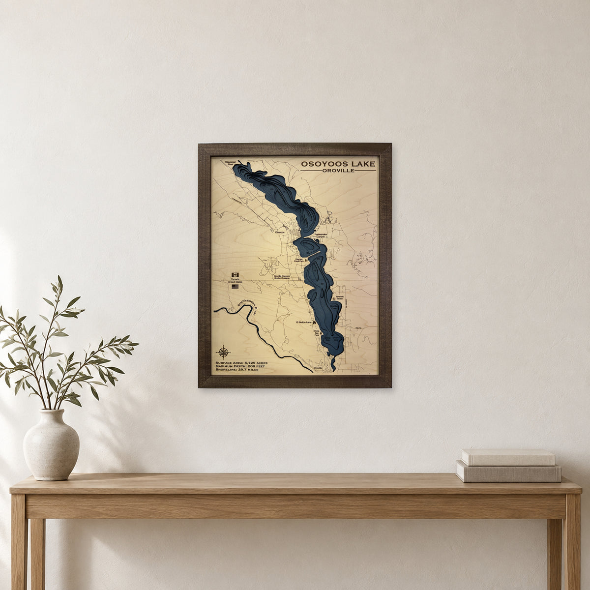 Osoyoos Lake, British Columbia and Washington Wood Map — room mockup [MC20261006 q3038 f4fa8993e719]