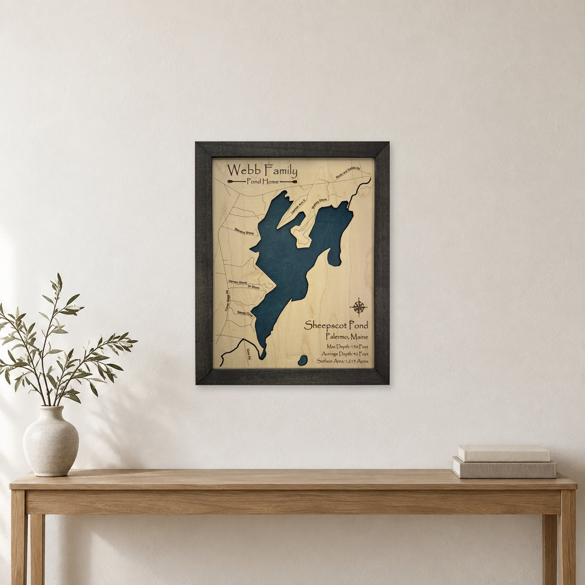 Sheepscot Pond, Palermo, Maine Wood Map — room mockup [MC20261006 q3043 0d1547b92b3f]