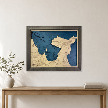 Kaneohe Bay and Kailua, Hawaii Wood Map — room mockup [MC20261006 q3051 4d516bd99544]