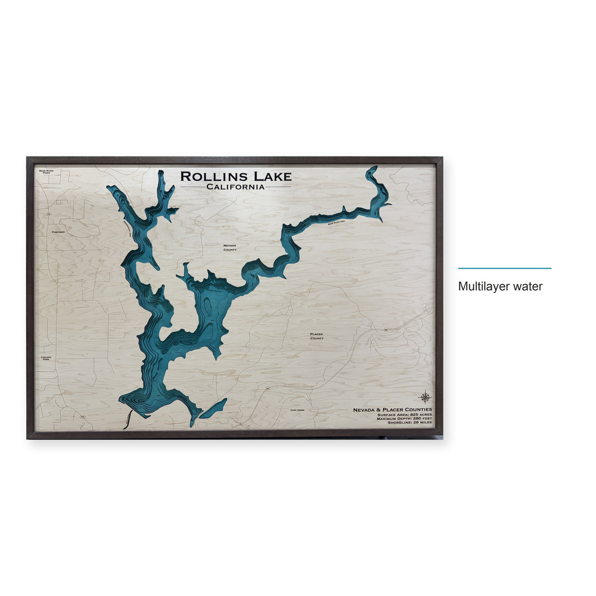 Rollins Lake, California Wood Map — style-labeled photo [MC20261006 q3053 671cd587e6d0]