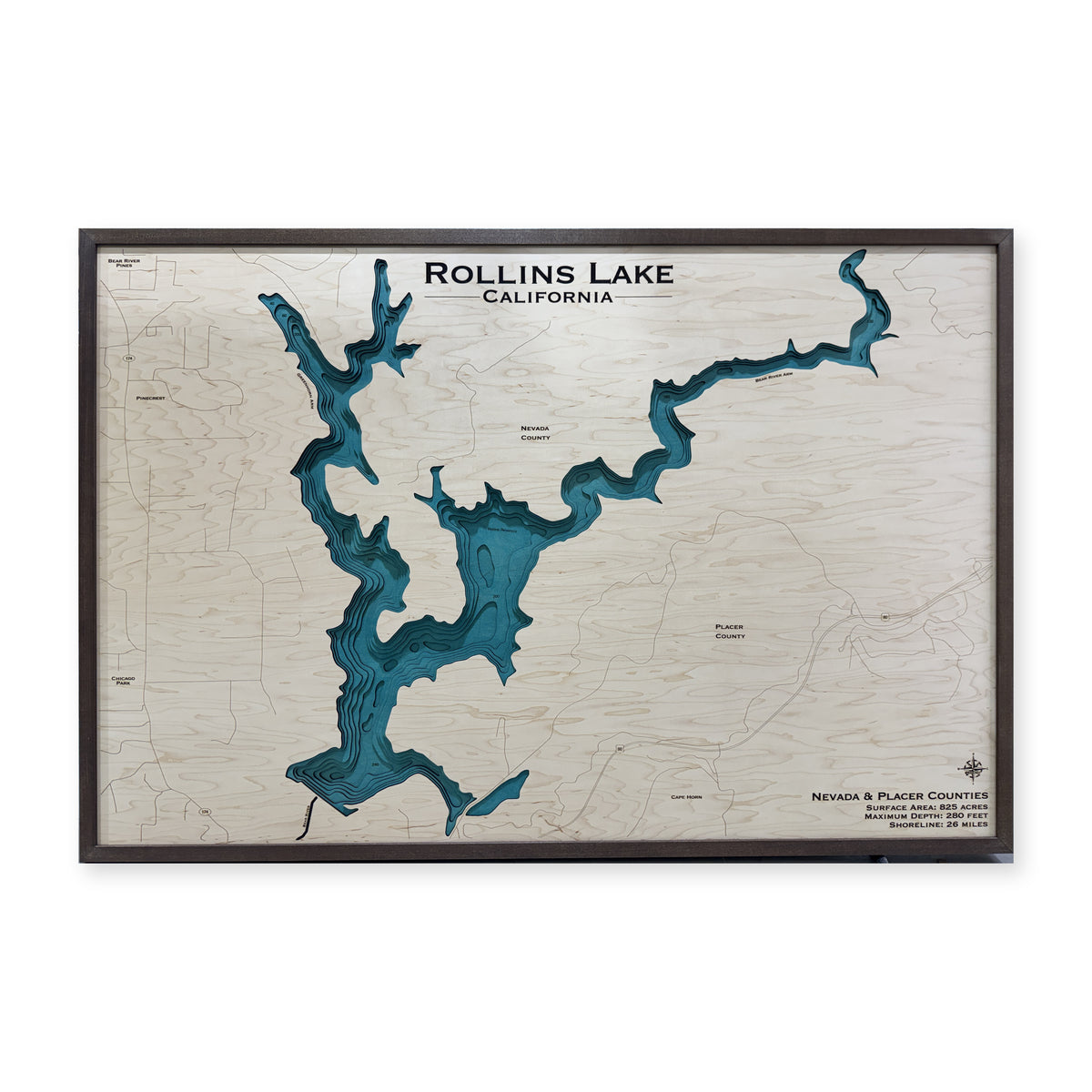 Rollins Lake, California Wood Map — plain-background photo [MC20261006 q3053 ea97a3c77b25]