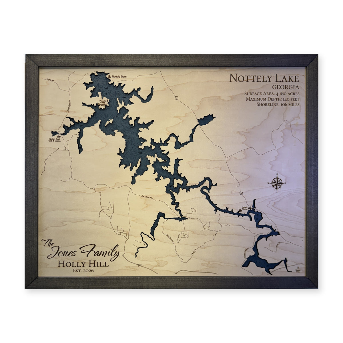 Lake Nottely Georgia Jones Family Wood Map — 1 water layer with engraved contours main photo [MC20261006 q3061 2186f5a1571f]