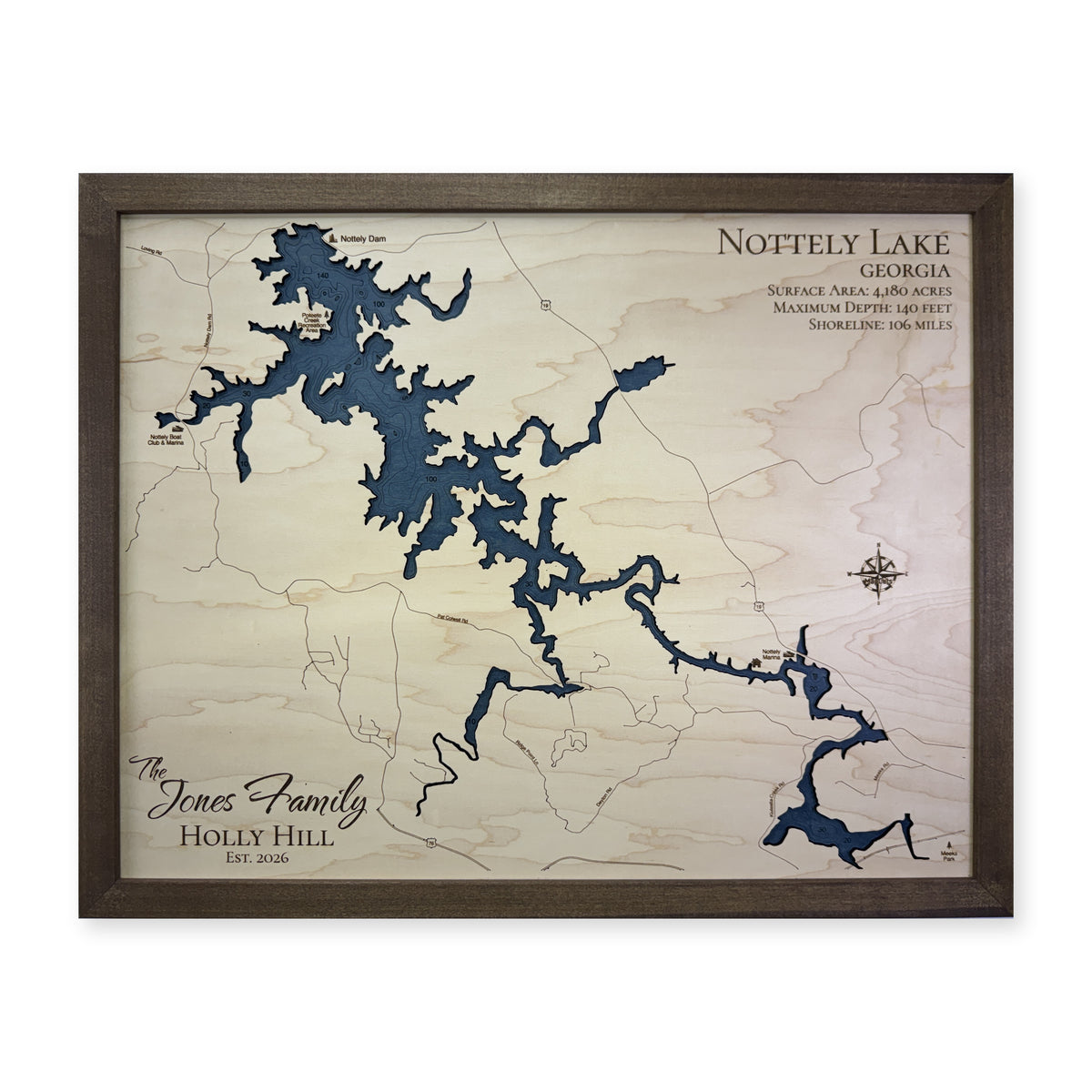 Lake Nottely Georgia Jones Family Walnut Frame Wood Map — 1 water layer
with engraved
contours main photo [MC20261006 q3065 674bc961bfd0]