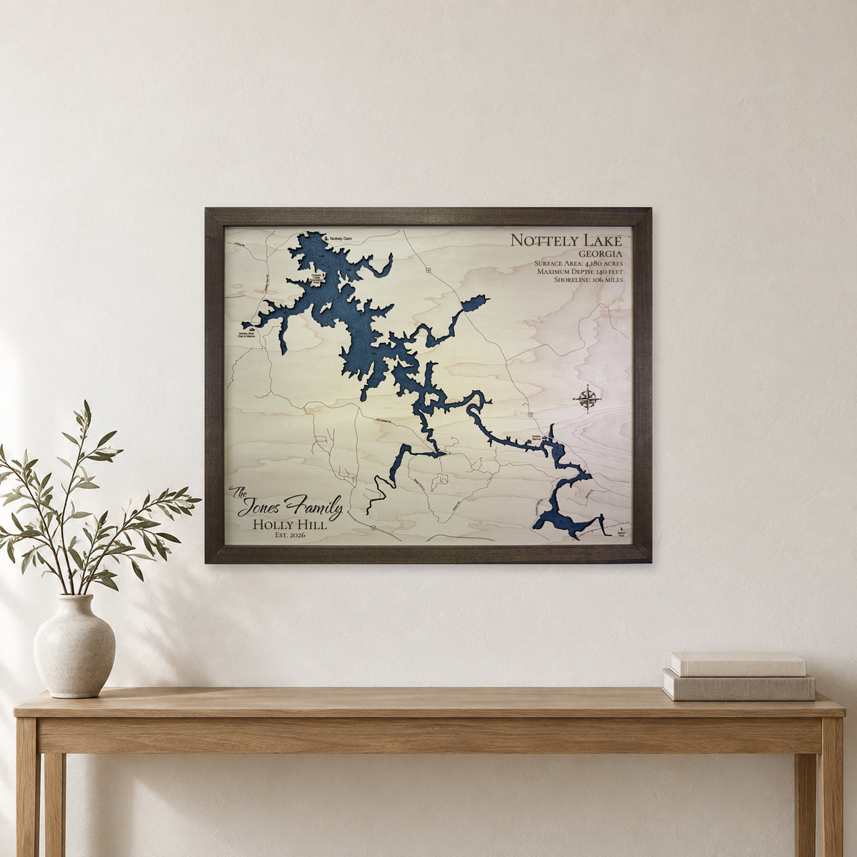 Lake Nottely Georgia Jones Family Walnut Frame Wood Map — room mockup [MC20261006 q3065 7be72a8cbde8]