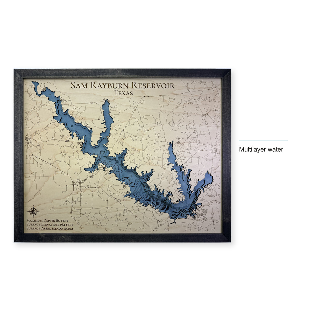 Sam Rayburn Reservoir Texas Charcoal Multilayer Wood Map — style-labeled photo [MC20261006 q3072 7dd2f5fc2417]