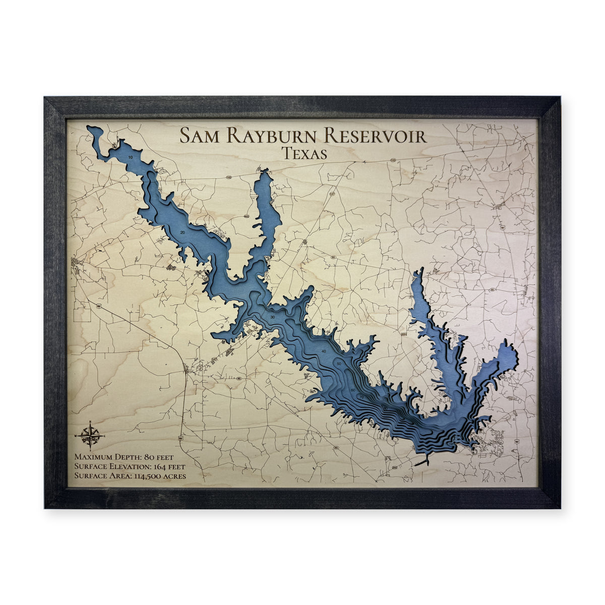 Sam Rayburn Reservoir Texas Charcoal Multilayer Wood Map — Multilayer water main photo [MC20261006 q3072 b7ce3182a01f]
