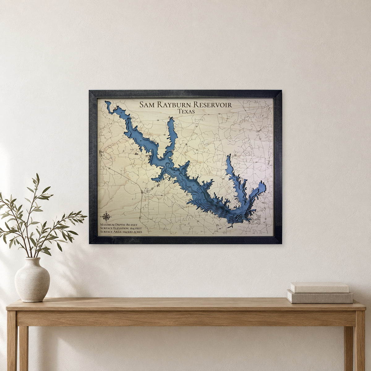 Sam Rayburn Reservoir Texas Charcoal Multilayer Wood Map — room mockup [MC20261006 q3072 cc90476ebabc]
