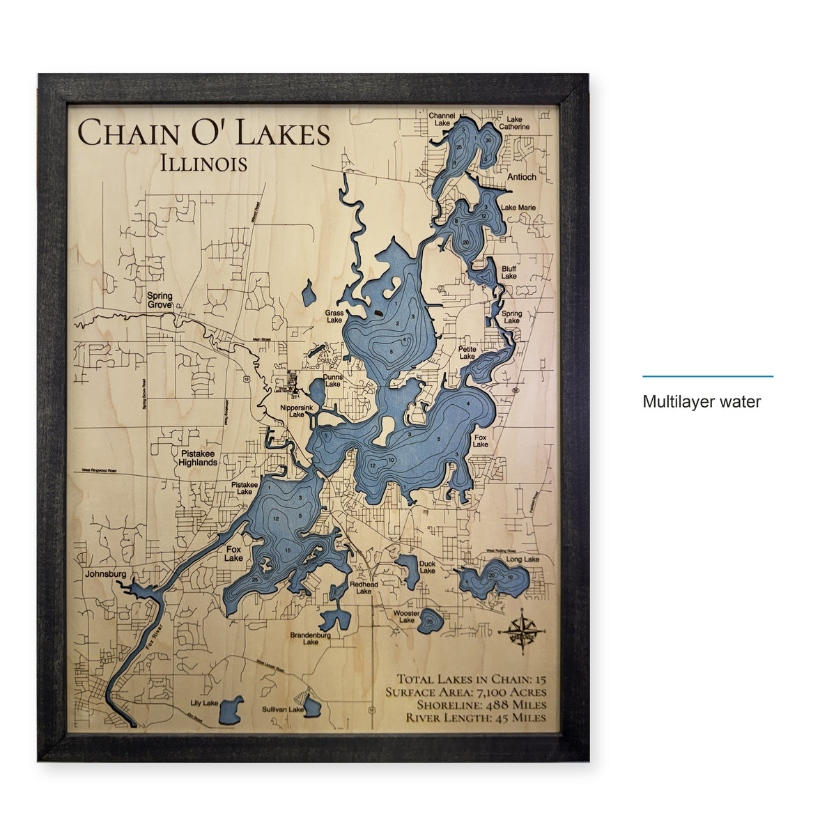 Chain O Lakes Illinois Charcoal Multilayer Wood Map — style-labeled photo [MC20261006 q3076 9aa947aae9ff]
