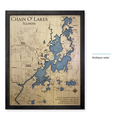 Chain O Lakes Illinois Charcoal Multilayer Wood Map — style-labeled photo [MC20261006 q3076 9aa947aae9ff]