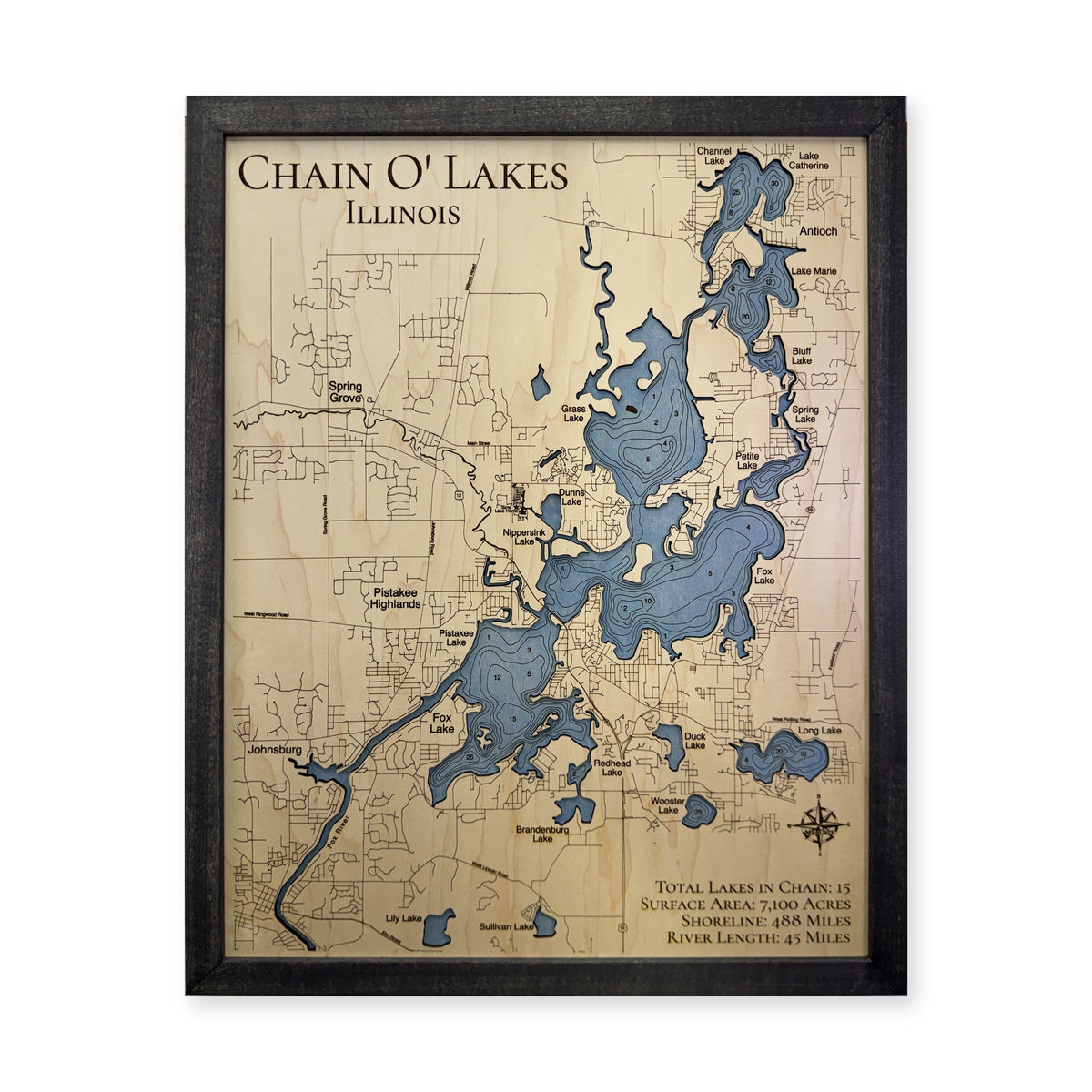 Chain O Lakes Illinois Charcoal Multilayer Wood Map — Multilayer water main photo [MC20261006 q3076 2fa498224bcc]