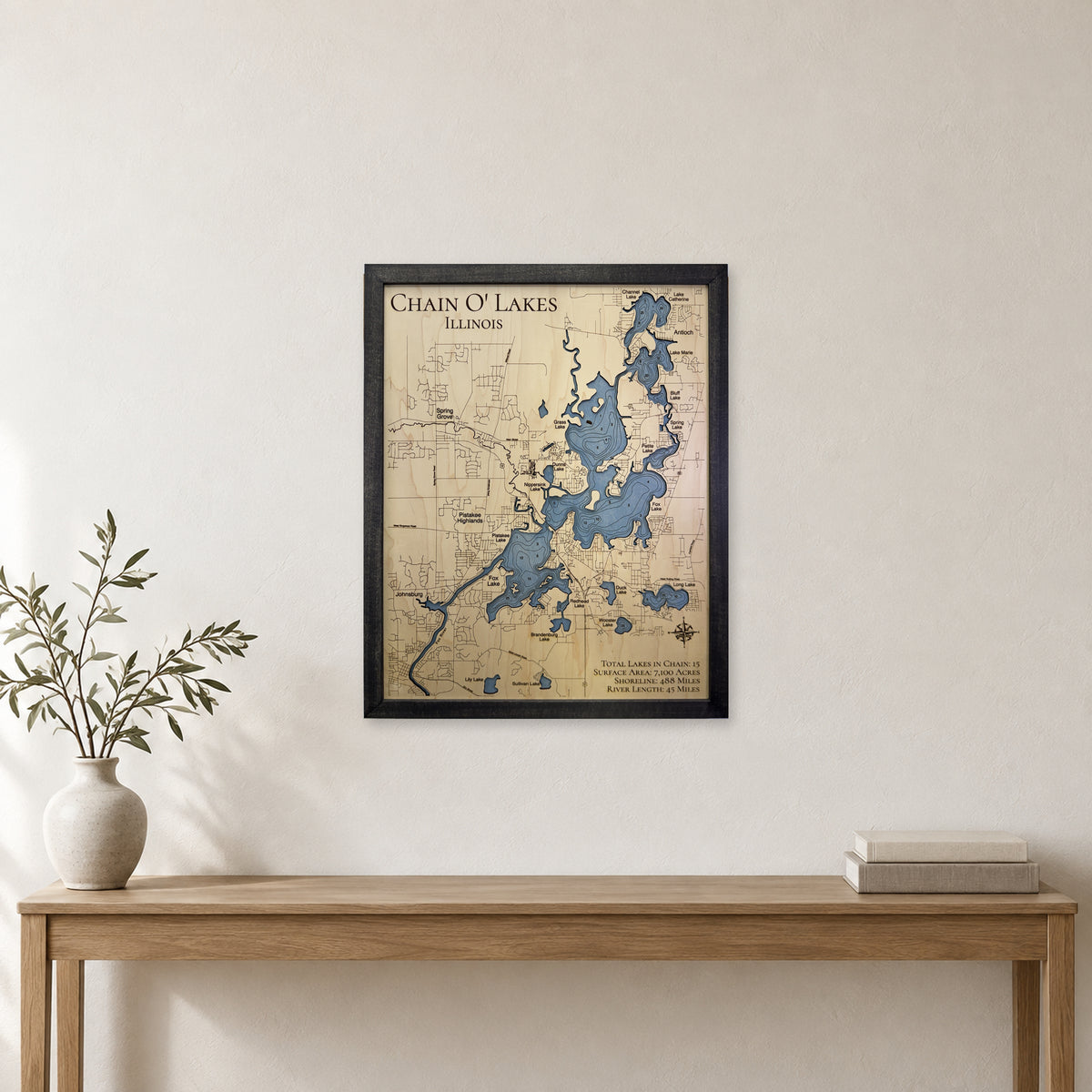 Chain O Lakes Illinois Charcoal Multilayer Wood Map — room mockup [MC20261006 q3076 cbba891e047e]