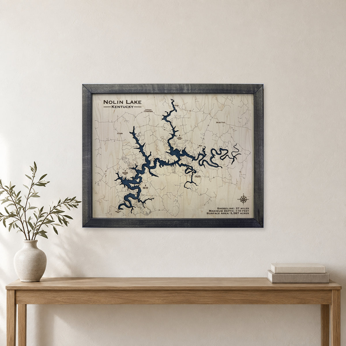 Nolin Lake Kentucky Charcoal Wood Map — room mockup [MC20261006 q3094 aeebfa4c1881]