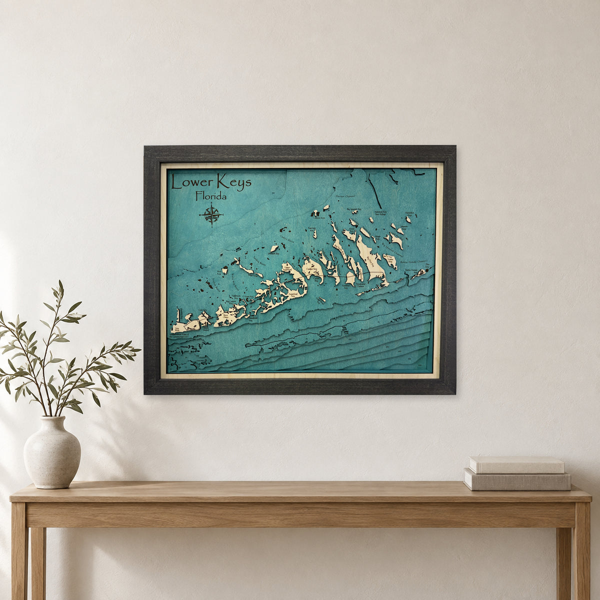 Lower Keys Florida Charcoal Multilayer Wood Map — room mockup [MC20261006 q3103 6dc950652d70]