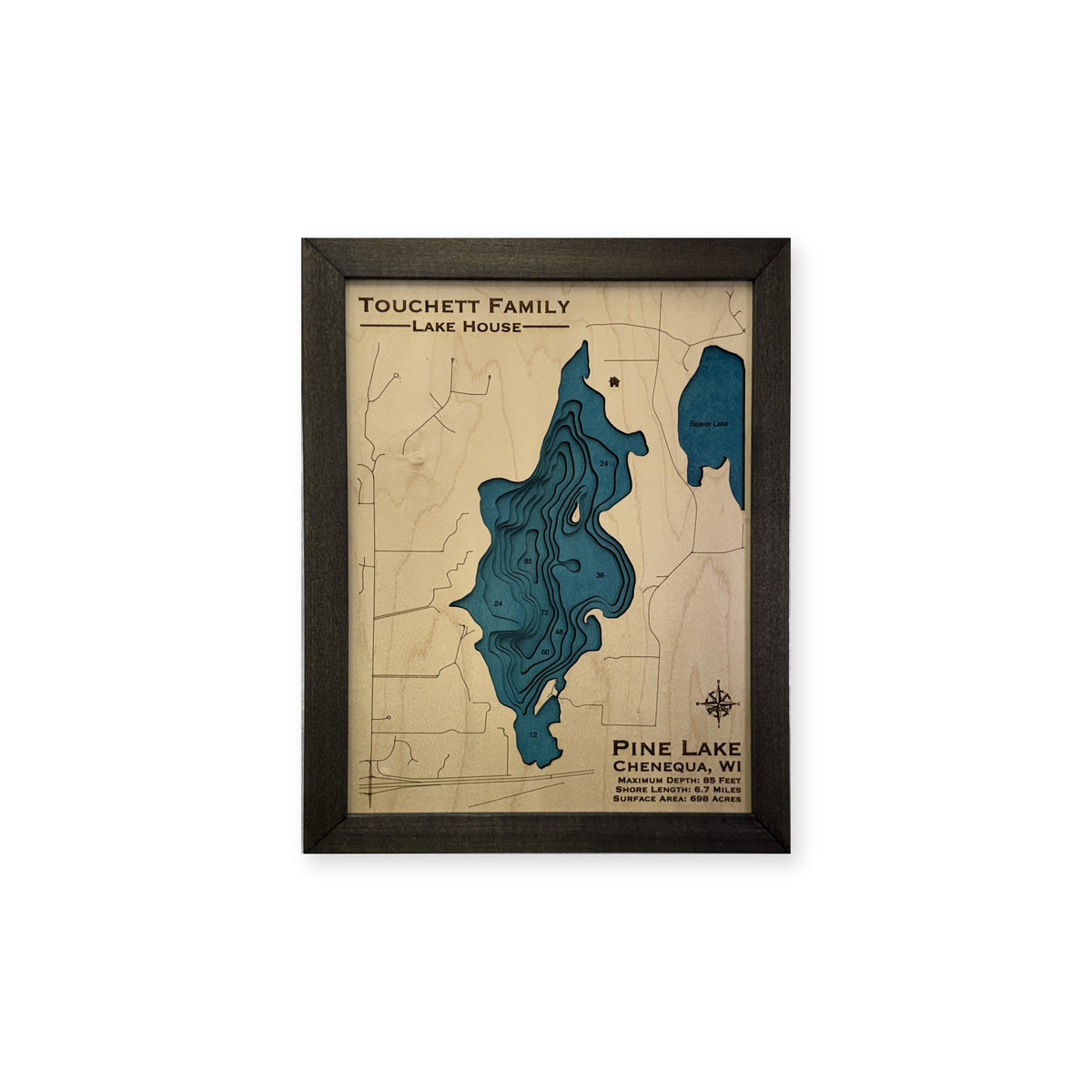 Pine Lake, Chenequa, Wisconsin Wood Map — plain-background photo [MC20261006 q3115 5fcc522e539f]