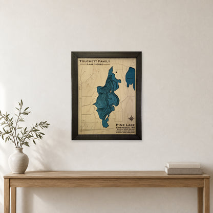 Pine Lake, Chenequa, Wisconsin Wood Map — room mockup [MC20261006 q3115 aef3e545921f]