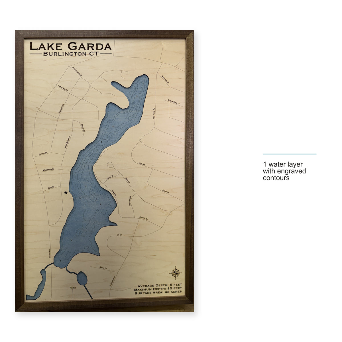 Lake Garda, Burlington, Connecticut Wood Map — style-labeled photo [MC20261006 q3120 8472a9faca54]