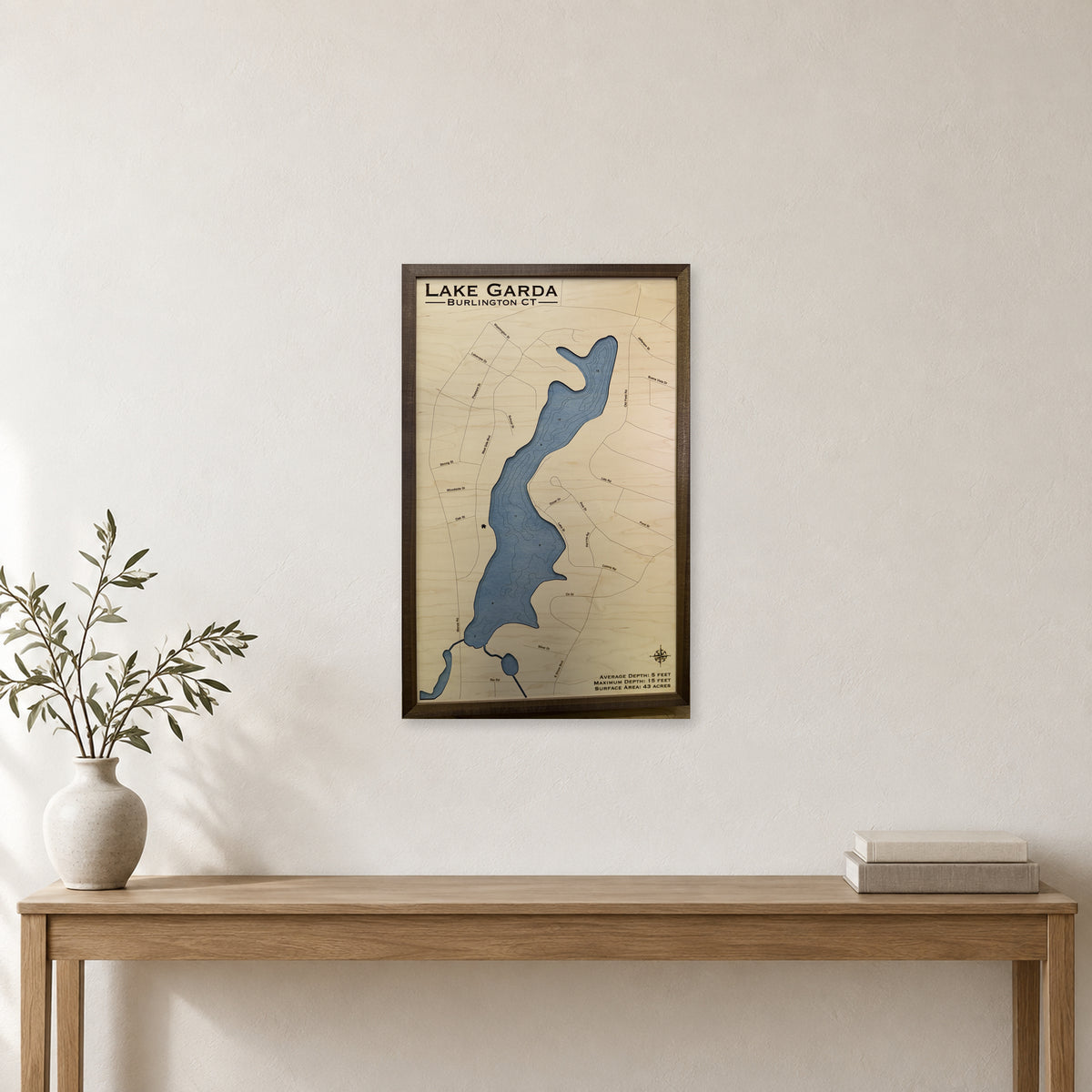 Lake Garda, Burlington, Connecticut Wood Map — room mockup [MC20261006 q3120 08291f905a0a]