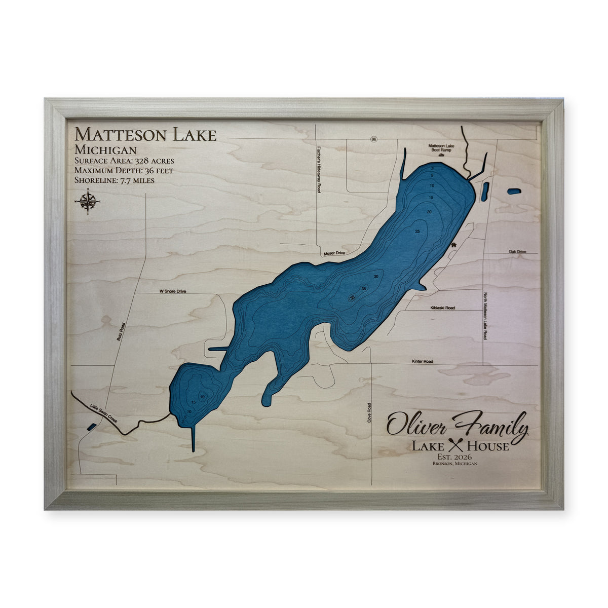 Matteson Lake, Bronson, Michigan Wood Map — plain-background photo [MC20261006 q3124 2cfa9188ce03]