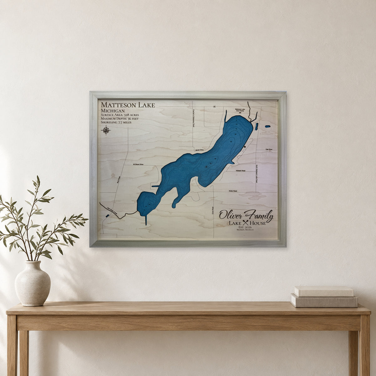 Matteson Lake, Bronson, Michigan Wood Map — room mockup [MC20261006 q3124 dc407d0ef98b]
