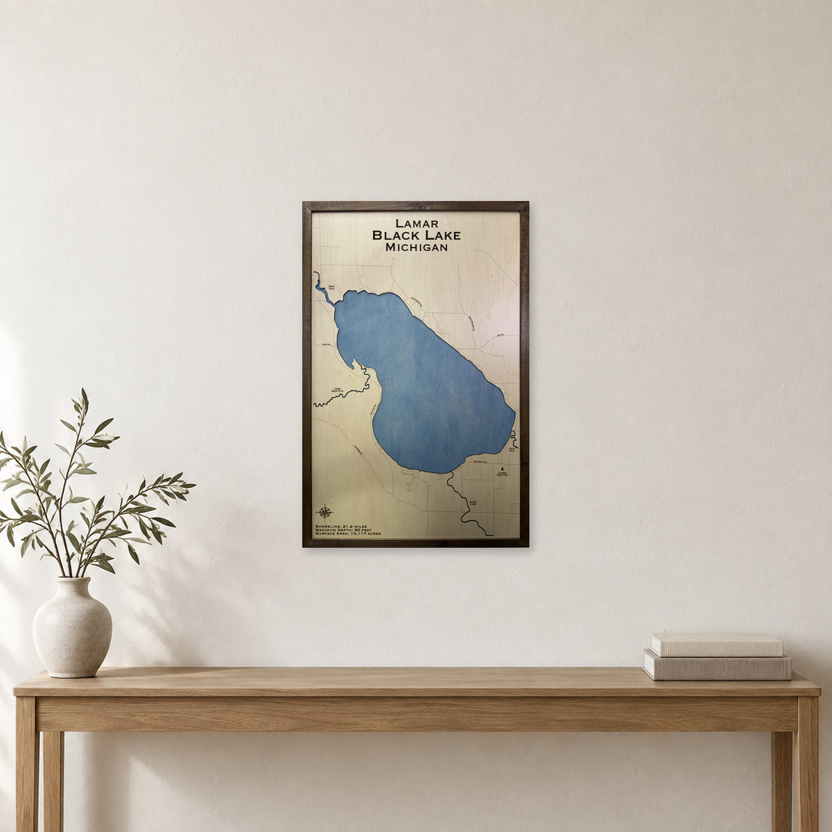 Black Lake, Michigan Wood Map — room mockup [MC20261006 q3143 63c96616794a]