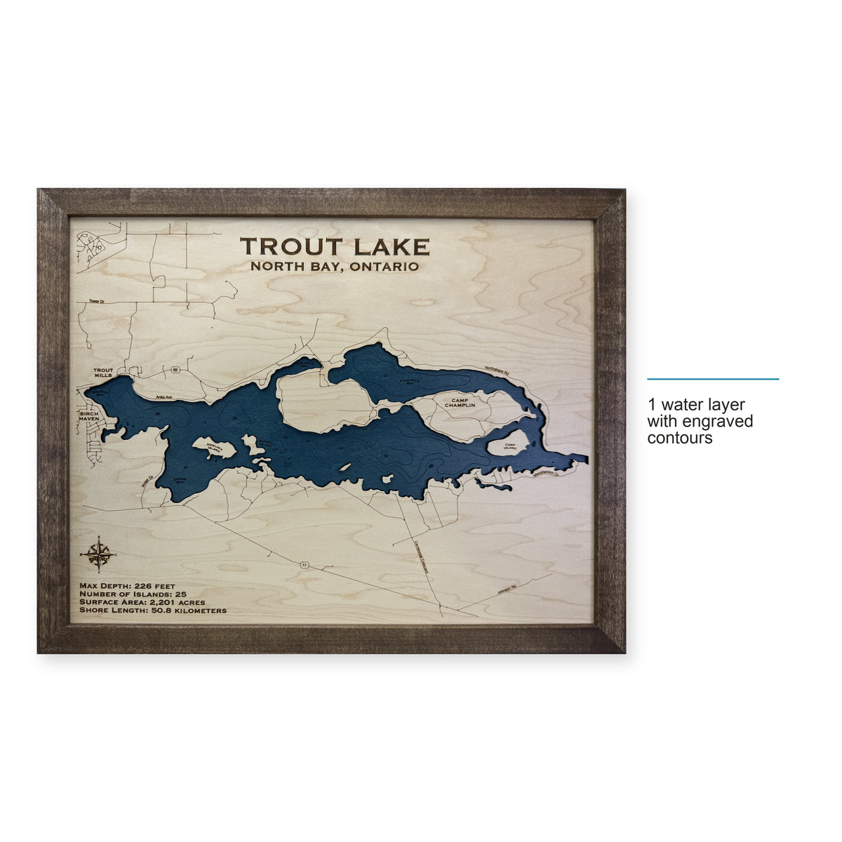 Trout Lake, North Bay, Ontario Wood Map — style-labeled photo [MC20261006 q3146 248164abf0c2]
