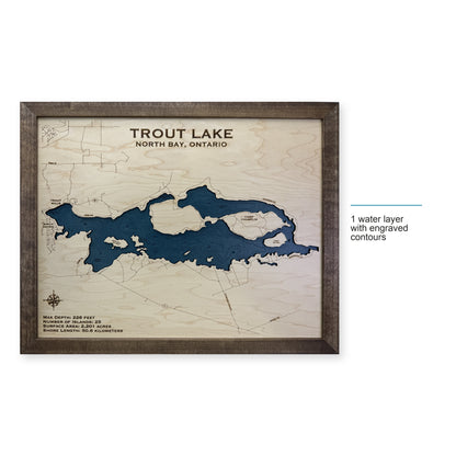 Trout Lake, North Bay, Ontario Wood Map — style-labeled photo [MC20261006 q3146 248164abf0c2]