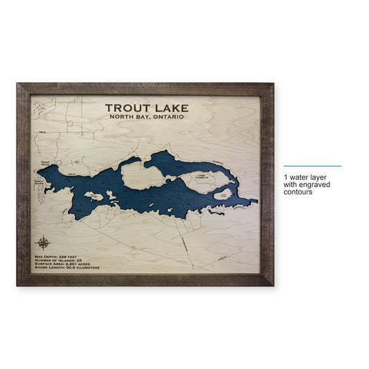 Trout Lake, North Bay, Ontario Wood Map — style-labeled photo [MC20261006 q3146 248164abf0c2]