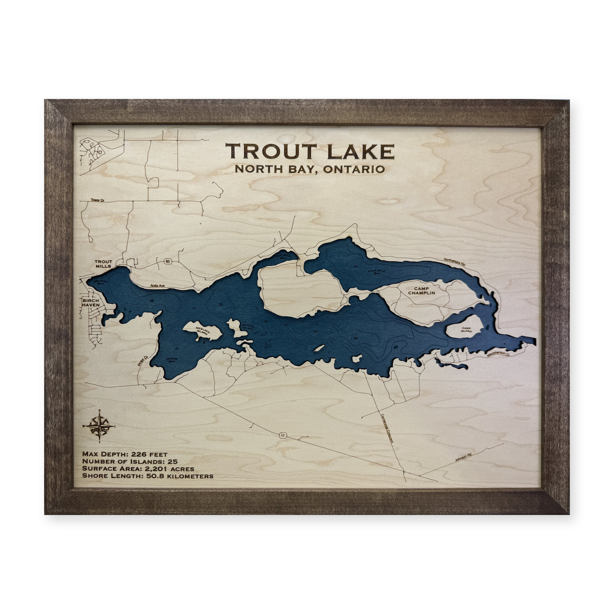 Trout Lake, North Bay, Ontario Wood Map — plain-background photo [MC20261006 q3146 798b210d9978]