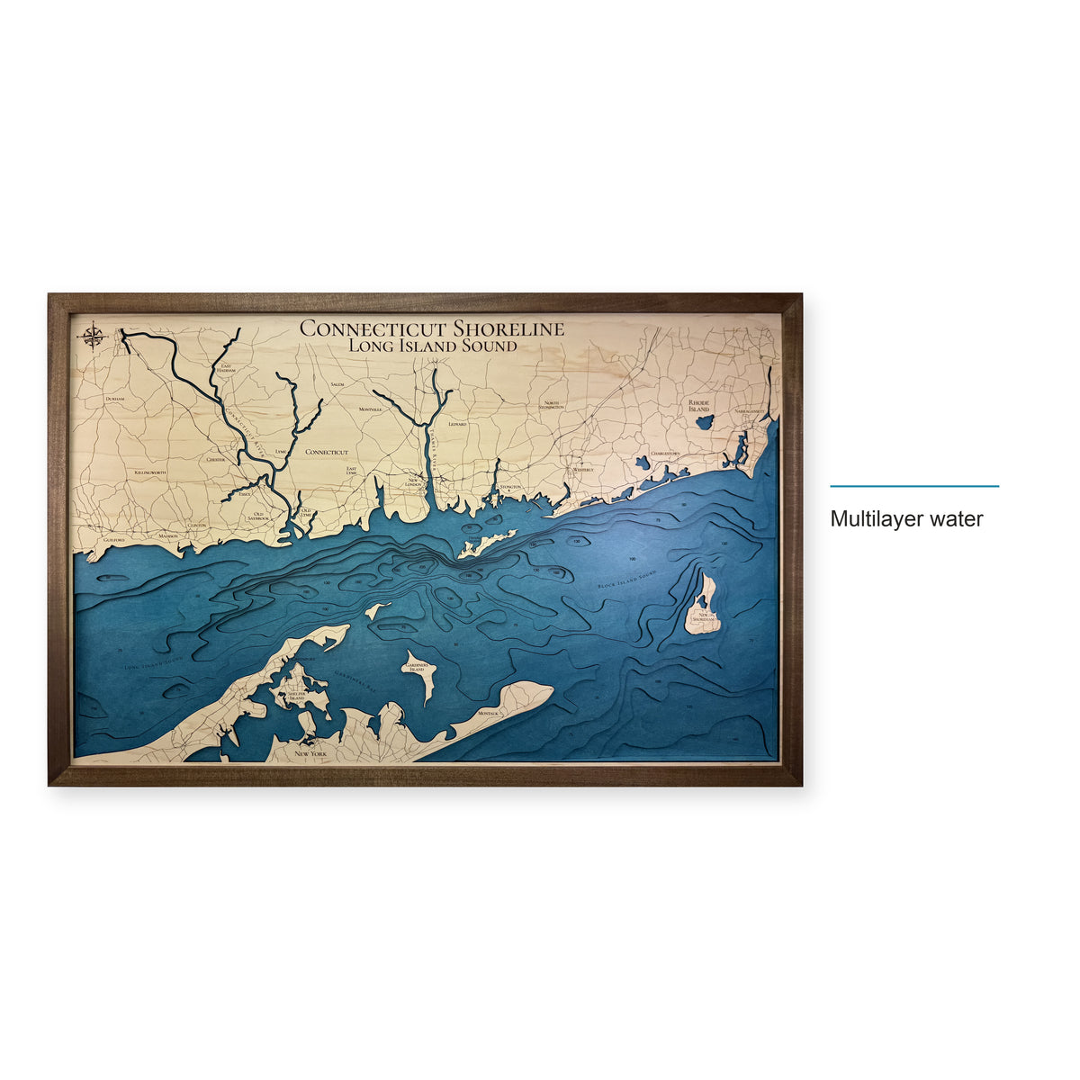 Connecticut Shoreline and Long Island Sound Wood Map — style-labeled photo [MC20261006 q3161 e48b88e7a351]
