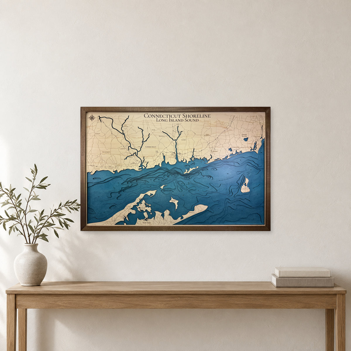 Connecticut Shoreline and Long Island Sound Wood Map — room mockup [MC20261006 q3161 f450b3832960]