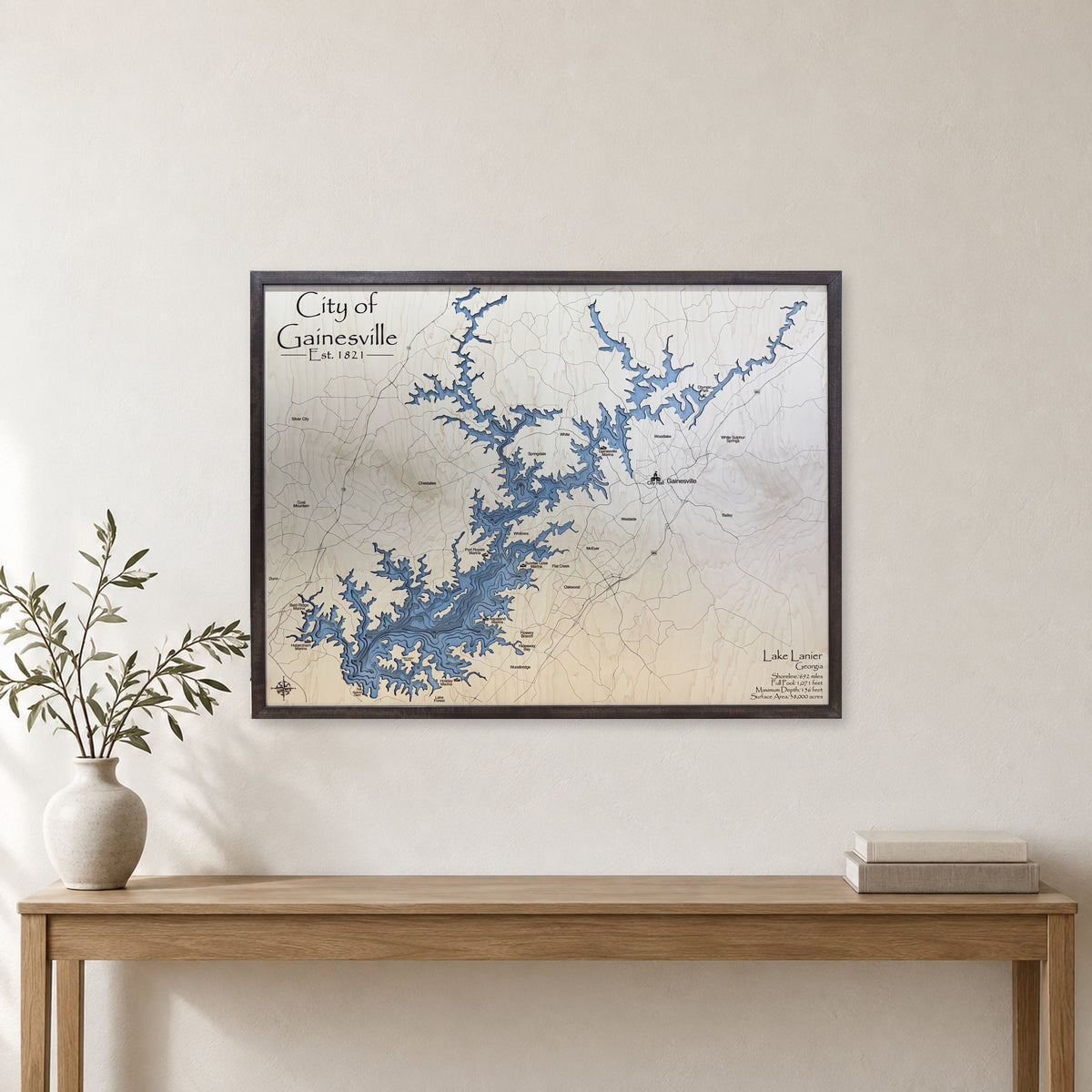 Lake Lanier Georgia Gainesville Multilayer Wood Map — room mockup [MC20261006 q3171 508104901d9d]