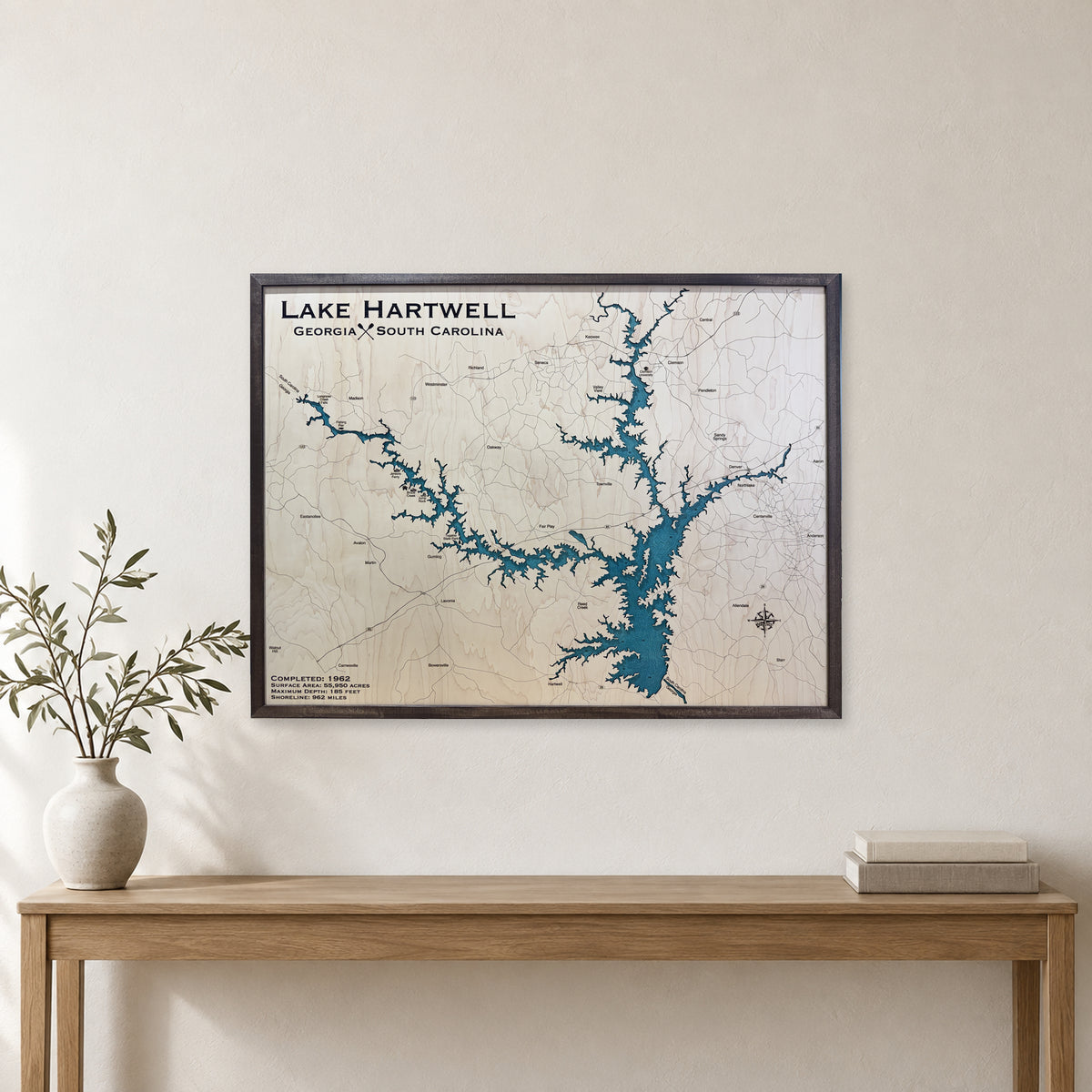 Lake Hartwell Georgia South Carolina Walnut Multilayer Wood Map — room mockup [MC20261006 q3178 9174ca733c16]