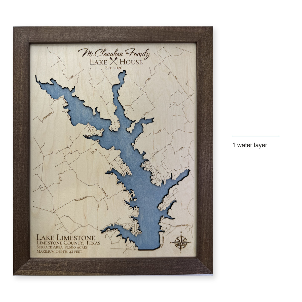 Lake Limestone Texas McClanahan Family Wood Map — style-labeled photo [MC20261006 q3185 2cc477c50fc0]