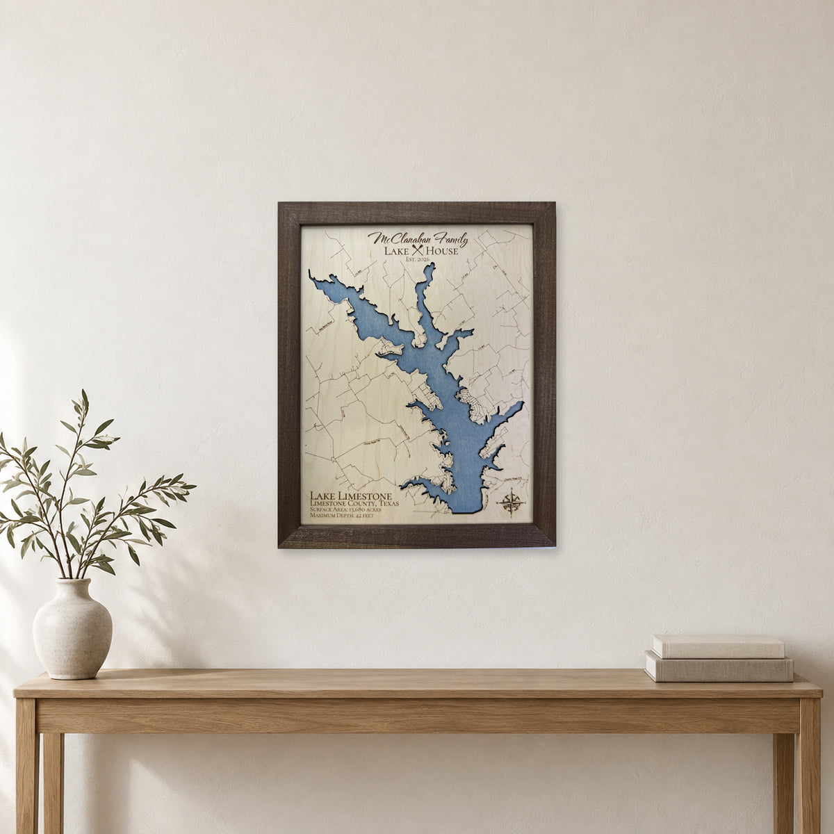 Lake Limestone Texas McClanahan Family Wood Map — room mockup [MC20261006 q3185 f24cad1535cc]