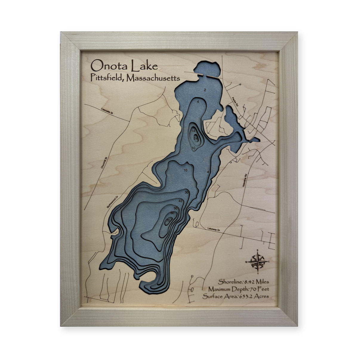 Onota Lake, Pittsfield, Massachusetts Wood Map — plain-background photo [MC20261006 q3194 7a4feafa9bb2]