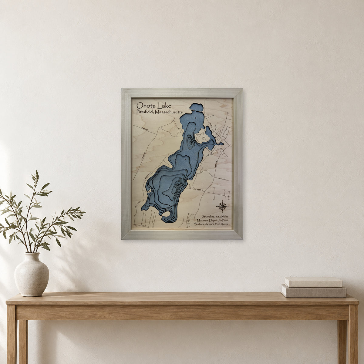 Onota Lake, Pittsfield, Massachusetts Wood Map — room mockup [MC20261006 q3194 c0d21299e623]