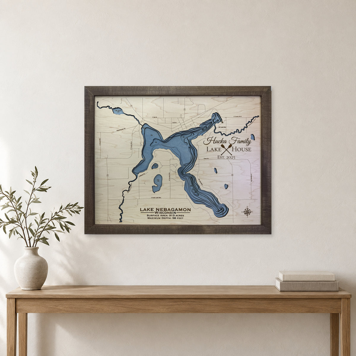 Lake Nebagamon Wisconsin Hucka Family Multilayer Wood Map — room mockup [MC20261006 q3198 bf3d018e3ae7]