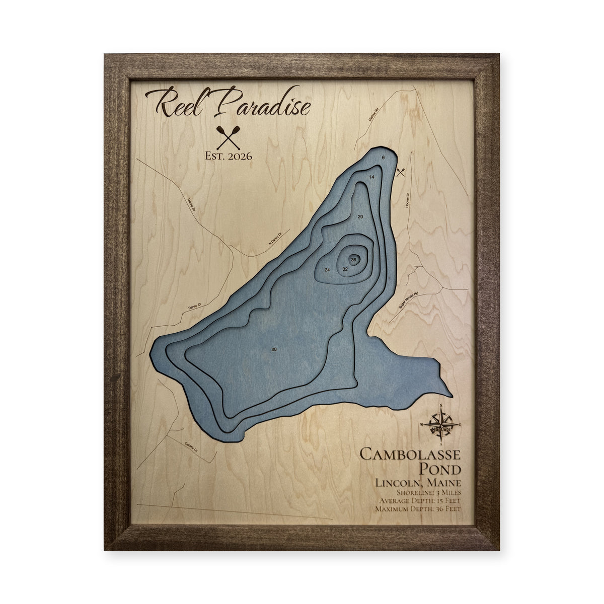 Cambolasse Pond, Lincoln, Maine Wood Map — plain-background photo [MC20261006 q3251 4d696c70bb91]